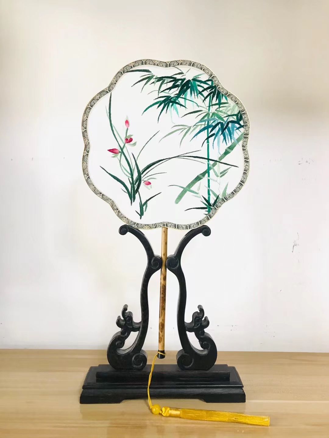 湘妃竹花鸟扇子