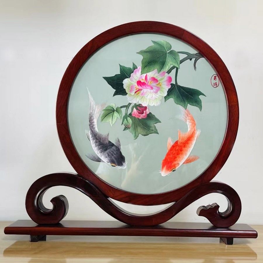 蜀绣25如意架芙蓉鲤鱼